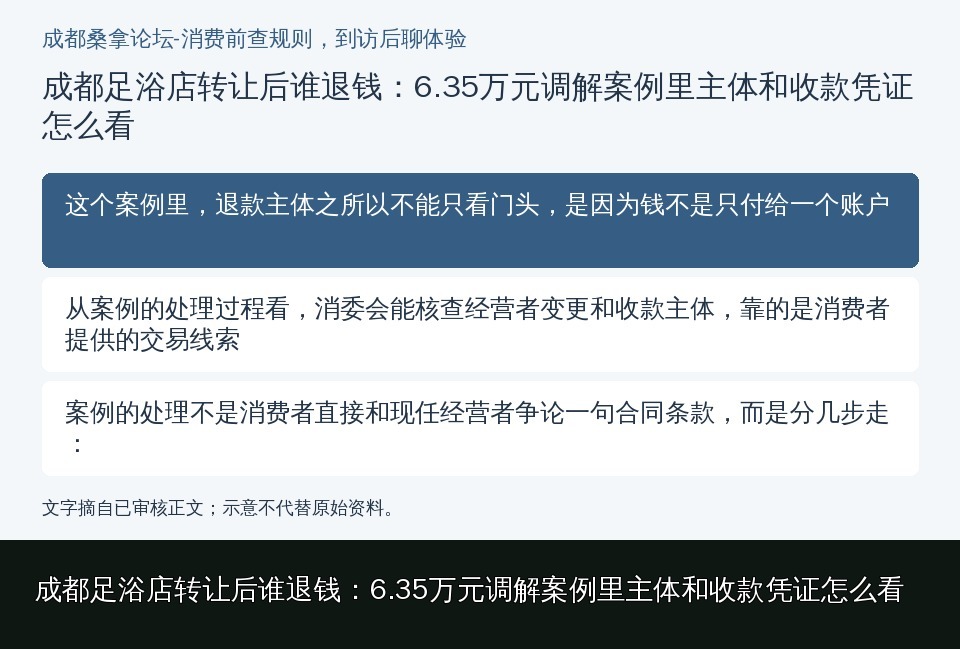 成都足浴店转让后谁退钱：6.35万元调解案例里主体和收款凭证怎么看的知识要点示意图