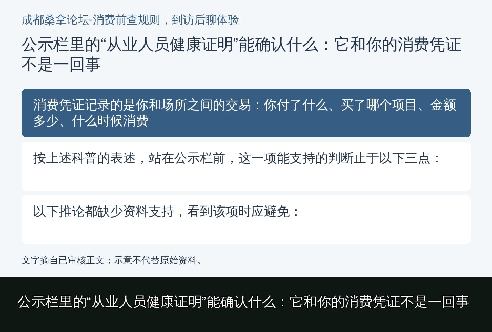 公示栏里的“从业人员健康证明”能确认什么：它和你的消费凭证不是一回事的知识要点示意图
